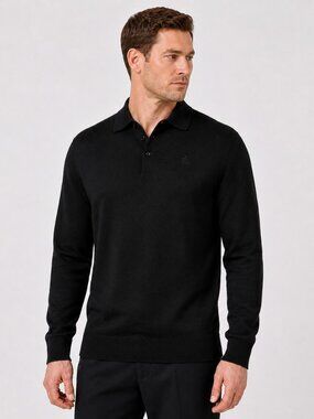 United Colors of Benetton Men’s Black Long Sleeve Knit Polo Shirt XXL Cotton Ten